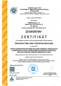 Certifikát Geostav ČSN EN ISO 17660-1:2007 a ČSN EN ISO 3834-2:2022