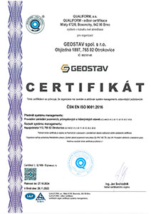 Certifikát Geostav ČSN EN ISO 9001:2016